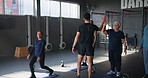 Coach, high five and man with group in gym for training, people and celebration for goal at club in retirement. Person, elderly men and women for diversity with success, exercise and fitness in class