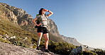 Woman, exercise and prosthetic leg for hiking on mountain for fitness, workout and health with backpack. Morning, training and person with a disability outdoor for adventure, hobby and rehabilitation