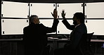 Business, men and high five with computer screen for success, stock market and project achievement. People, meeting and mockup space for investment victory, agreement goal and tracking markers