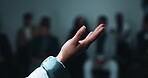 Presentation, hand of person and explain in meeting for seminar, information and gesture at audience. Woman, conference and demonstration in office for staff training, workshop or coaching in closeup