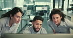 Business people, teamwork or computer with planning, conversation or robotics engineering with idea. Group, employees or coworkers with pc, cooperation or research for info with inspection or project