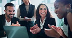 Happy, business people and applause with team on laptop for good news, promotion or winning at office. Young group, employees or colleagues clapping with computer for congratulations or achievement