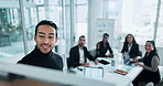 Whiteboard, presentation and man with business people for meeting, discussion and brainstorming. Corporate, office and men and women applause with speaker for finance review, feedback and teamwork