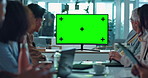 Business people, meeting and presentation with green screen for video conference or webinar at office. Group, employees or chromakey display with tracking markers or mockup space for online seminar