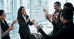 Business people, meeting or applause with team for motivation, collaboration or mission at office. Young group, employees or colleagues piling and clapping for synergy, unity or coordination together