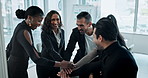 Business people, meeting and hands together with group for motivation, collaboration or mission at office. Young team, employees or colleagues piling and clapping for synergy, unity or coordination