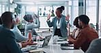 Business people, high five or meeting with team for presentation, conference or success at office. Excited, group and employees with congratulations for achievement, winning or promotion at workplace