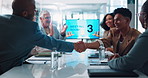 Business people, handshake or meeting with applause for teamwork, success or promotion at conference. Excited, group and employees shaking hands or clapping for collaboration or negotiation at office