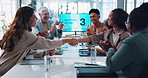 Business people, handshake or meeting with applause for promotion, teamwork or success at conference. Excited, group and employees shaking hands or clapping for collaboration or negotiation at office