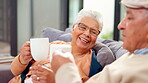 Senior couple, tea and cheers in house for love, support and commitment together in marriage with smile. Elderly people, relax and coffee in home for bonding, trust and relationship with connection