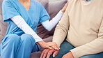 Hands, elderly care and support as caregiver in nursing home for health, wellness or empathy in retirement. Help, senior person and nurse with Alzheimers, age related illness or anxiety for comfort