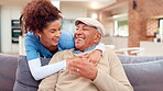 Nurse, elderly care and hug as caregiver in nursing home for support, wellness and empathy in retirement. Woman, senior man and embrace with happy, connection or community for comfort, help and trust