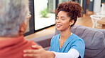 Nurse, elderly woman and support as caregiver in nursing home for consultation, wellness and empathy in retirement. Woman, senior care and patient with helping hand, assistance or healing for comfort