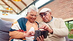 Phone, social media and smile with senior couple on sofa in living room of retirement home from below. App, meme or mobile with old man and woman in apartment for download or internet browsing
