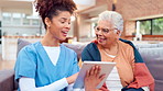 Tablet, healthcare and nurse with senior woman in retirement home for wellness checkup with information. Discussion, technology and caregiver with elderly female patient for consultation support.