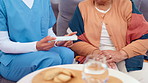 Medication, healthcare and nurse with senior woman in retirement home for wellness checkup with pills. Discussion, tablets and caregiver explain medicine to elderly female patient for consultation.