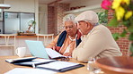 Home, budget and senior couple with laptop, paperwork and financial planning for retirement policy. Old man, woman and discussion in kitchen for mortgage payment, pension fund or health insurance