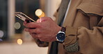 Hands, person and phone in office at night for typing communication, social media and information of business. Man, closeup and mobile for research, reading email and contact of overtime feedback