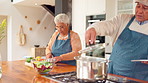 Tablet, cooking and elderly couple in kitchen together with food, relationship and love in retirement. Help, old man and woman in home with bonding, support and digital app with meal prep for lunch