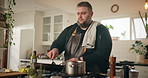 Cooking, chef and man in kitchen, food and prepare for lunch, apron and professional with skills. Person, house and guy with utensils, recipe and ingredients for healthy meal, nutrition and dinner
