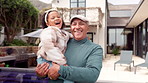 Old man, smile and child with face of family at home for happiness, generations and summer. Grandparents, love and girl with portrait of people at house together for care, bonding and Brazil