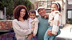 Love, bonding and outdoor with face of family at home for smile, generations and summer. Grandparents, mother and kids with portrait of people at house together for care, happiness and Brazil