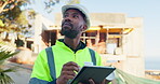 Black man, architect and tablet for inspection of construction planning, site progress and architecture design. Worker, digital blueprint and research of maintenance, quality control and project info