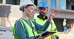 Architect, people and discussion with tablet for construction planning, site inspection and architecture design. Staff, digital blueprint and communication of maintenance, safety schedule and project
