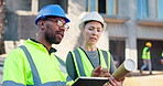 Architect, staff and discussion with tablet for construction planning, site inspection and architecture design. People, digital blueprint and communication of maintenance, safety schedule and project