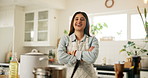 Face, chef and woman in kitchen, arms crossed and smile for small business, hobby and activity. Startup, culinary service or person with confidence, ingredients or entrepreneur with happiness or home