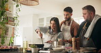 Couple, cooking and chef in kitchen for education for meal prep, teaching class or hospitality industry of nutrition. People, instructor and masterclass for learning culinary, food and instructions