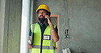 Safety manager, construction and phone call for inspection, update and contractor compliance on site with helmet. Man, mobile and quality assurance for renovation, engineering or project management