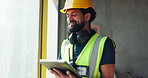 Man, tablet and communication for construction, inspection and contractor compliance on site. Safety manager, technology and quality assurance for renovation, engineering or project management tools