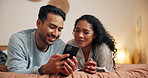 Happy, couple and relax with phone in bedroom for reading blog on social media, news and streaming video. Man, woman and rest with mobile for online article, communication and love together at house