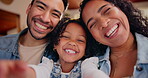 Face, parents and child for selfie in home with memory, bonding or together for love or support. Woman, man and kid with portrait for weekend, happiness and photography as playful as family in Guyana