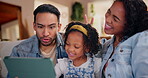 Child, selfie and parents with tablet, lounge and funny face for picture, family and bonding in house. Silly, woman and man in living room, photography and love for daughter, smile and relax on sofa