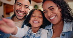 Parents, child and selfie in home for memory, bonding and weekend with love or support. Woman, man and kid with laughing with together, happiness and photography as playful in family house  in Guyana