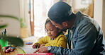 Teaching, help and homework with father and daughter for education, support and school project. Learning, knowledge and lesson development with man and girl in family home for academic tutor