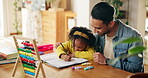 Education, father and child in home with notebook, development and writing in book at table. Homeschooling, family and young girl in living room with dad, maths lesson and happy for correct answer