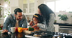 Cooking, kid or parents cutting vegetables for food, learning or healthy vegan meal in home kitchen. Child, happy father and mother with chopping board for carrots, organic pepper or girl help family