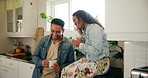 People, couple and happy with coffee in kitchen counter for conversation, bonding and love. Relationship, family and smile or laughing with tea at home for funny gossip, chat and support or trust