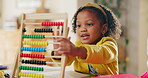 Abacus, counting and education with black girl in home dining room to study mathematics for school. Distance learning, equipment and genius with student child in apartment for growth or development