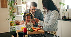 Taste, happy family and cutting vegetables for cooking food, lunch or healthy vegan meal in home kitchen. Smile, father and mom with chopping board for eating carrots, pepper or girl child learning