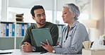 Doctor, patient man and tablet with clinic results, healthcare advice and digital info for medical care. Professional, consultation and tech for hospital, life insurance and planning with help