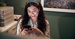 Night, happy and Asian woman with phone in office for online chatting, communication and networking. Professional, working late and person one smartphone for social media, website and internet