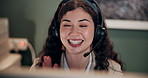 Japanese woman, smile and talk in call center, night and contact us for trading, advice and info. Person, consultant or agent at help desk with voip, tech support or happy for customer care in office