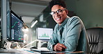 Face, computer and man in office at night for analysis of bull market in stocks for investment. Happy, technology and financial trader from Peru reading volatility of foreign currency for dividend.