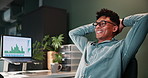 Man, happy and computer for trading at night in office with smile for results, graph or excited for profit. Person, finance and done by pc for chart, stats or review for stocks, relief or deal at job