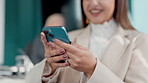 Hands, smartphone or businesswoman texting with online connection for message, social media or chat. Finance consultant, closeup or happy financial advisor typing on mobile app for schedule or update