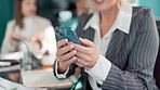 Hands, phone or businesswoman texting in meeting with online meme for message, social media or chat. Finance consultant, closeup or financial advisor typing on mobile app for news and comedy joke